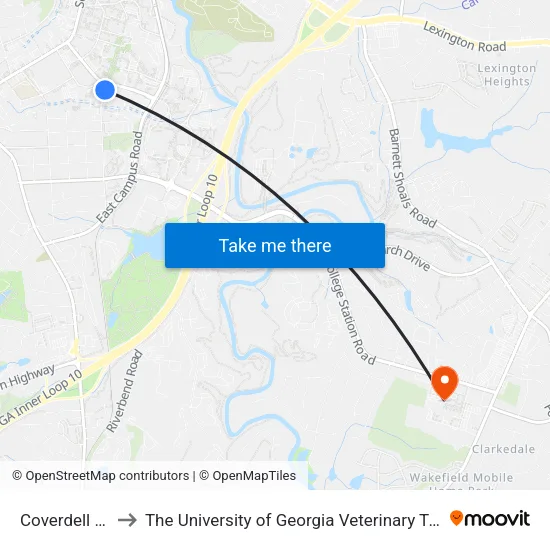 Coverdell Center to The University of Georgia Veterinary Teaching Hospital map