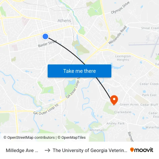 Milledge Ave @ Waddell St to The University of Georgia Veterinary Teaching Hospital map