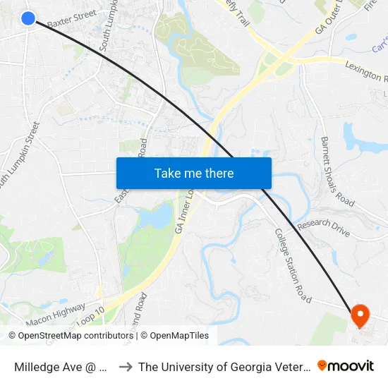 Milledge Ave @ Henderson Ave to The University of Georgia Veterinary Teaching Hospital map