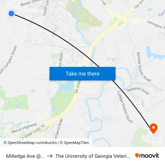 Milledge Ave @ Peabody St to The University of Georgia Veterinary Teaching Hospital map