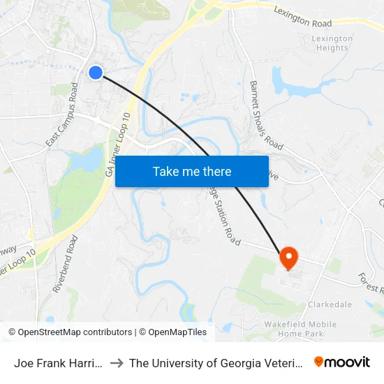 Joe Frank Harris Commons to The University of Georgia Veterinary Teaching Hospital map