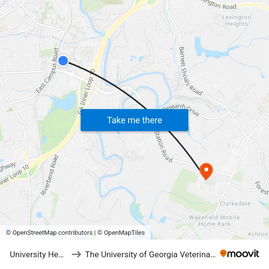 University Health Center to The University of Georgia Veterinary Teaching Hospital map