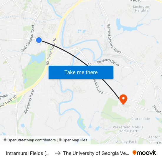 Intramural Fields (College Station Rd.) to The University of Georgia Veterinary Teaching Hospital map