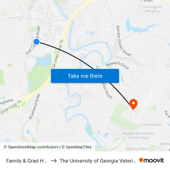Family & Grad Housing Bldg H to The University of Georgia Veterinary Teaching Hospital map