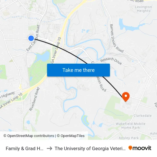 Family & Grad Housing Bldg F to The University of Georgia Veterinary Teaching Hospital map