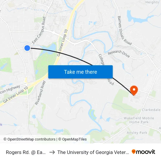 Rogers Rd. @ East Campus Rd. to The University of Georgia Veterinary Teaching Hospital map