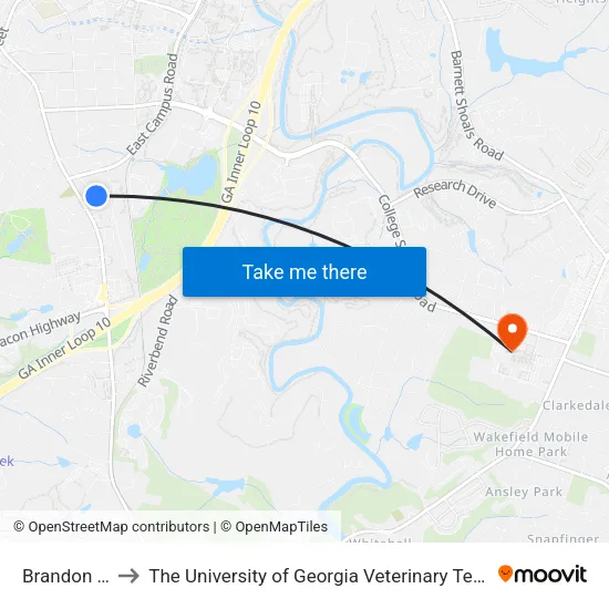Brandon Oaks to The University of Georgia Veterinary Teaching Hospital map