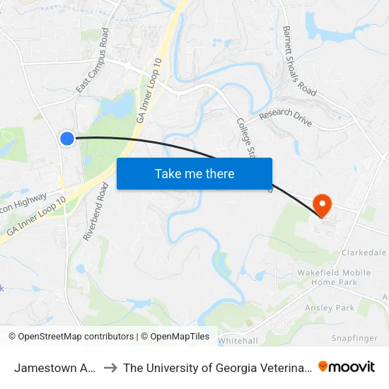 Jamestown Apartments to The University of Georgia Veterinary Teaching Hospital map