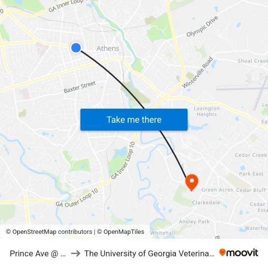 Prince Ave @ Grady Ave to The University of Georgia Veterinary Teaching Hospital map