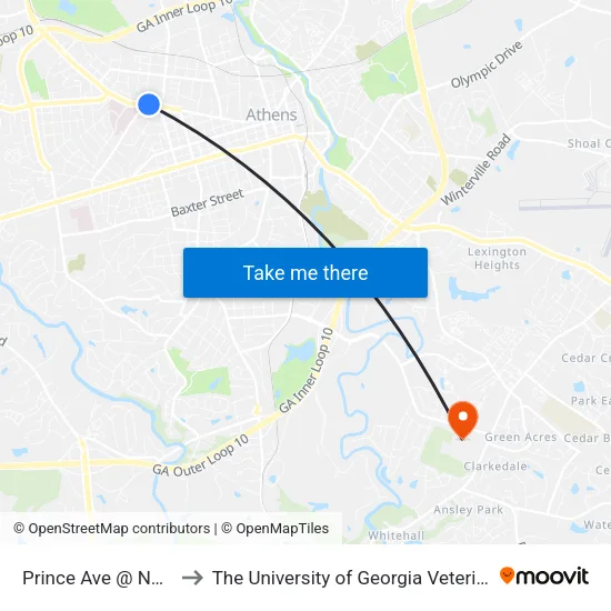 Prince Ave @ Nacoochee Ave to The University of Georgia Veterinary Teaching Hospital map
