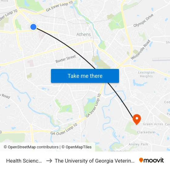 Health Sciences Campus to The University of Georgia Veterinary Teaching Hospital map