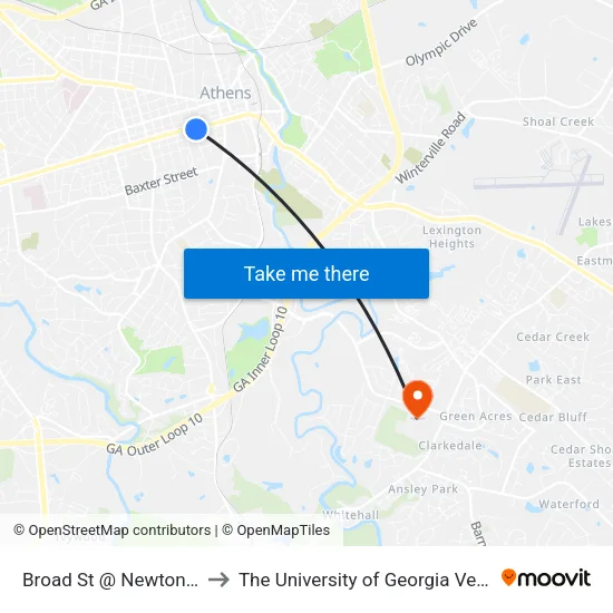 Broad St @ Newton St (To Downtown) to The University of Georgia Veterinary Teaching Hospital map