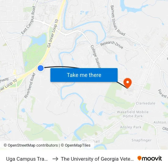 Uga Campus Transit (Outbound) to The University of Georgia Veterinary Teaching Hospital map