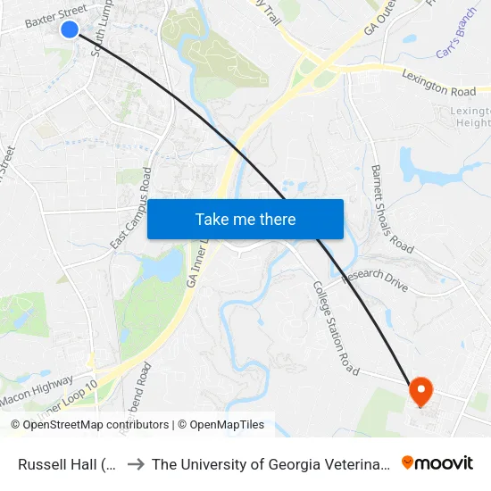 Russell Hall (Finley St.) to The University of Georgia Veterinary Teaching Hospital map
