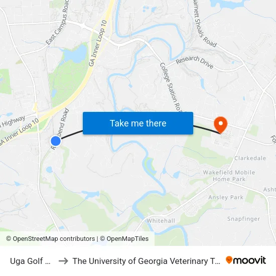 Uga Golf Course to The University of Georgia Veterinary Teaching Hospital map