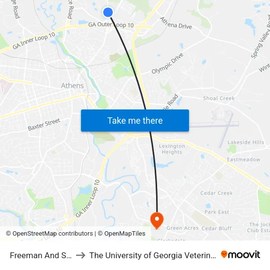Freeman And Sunnyhills Ib to The University of Georgia Veterinary Teaching Hospital map
