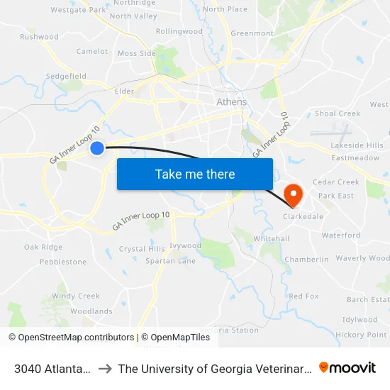 3040 Atlanta Highway to The University of Georgia Veterinary Teaching Hospital map