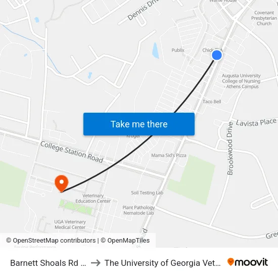 Barnett Shoals Rd at Burger King Ib to The University of Georgia Veterinary Teaching Hospital map