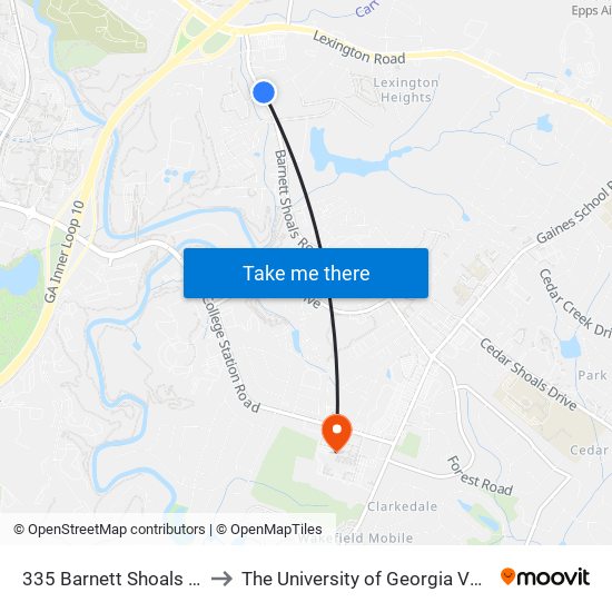 335 Barnett Shoals Rd at Johnson Dr Ib to The University of Georgia Veterinary Teaching Hospital map