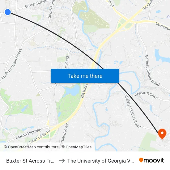 Baxter St Across From Clarke Central Ib to The University of Georgia Veterinary Teaching Hospital map