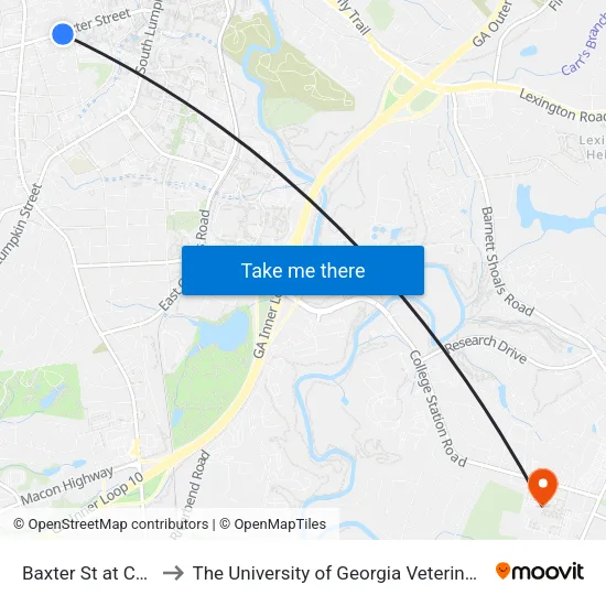Baxter St at Church St Ib to The University of Georgia Veterinary Teaching Hospital map