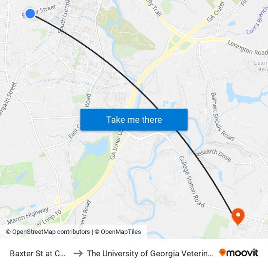 Baxter St at Church St Ob to The University of Georgia Veterinary Teaching Hospital map