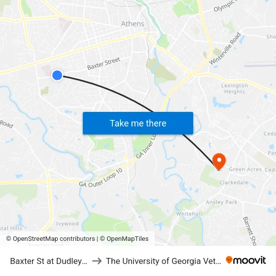 Baxter St at Dudley St Acc Library Ob to The University of Georgia Veterinary Teaching Hospital map