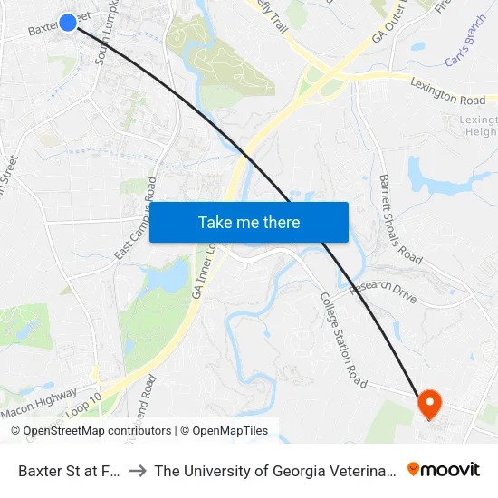 Baxter St at Finley St Ib to The University of Georgia Veterinary Teaching Hospital map