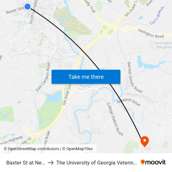 Baxter St at Newton St Ob to The University of Georgia Veterinary Teaching Hospital map