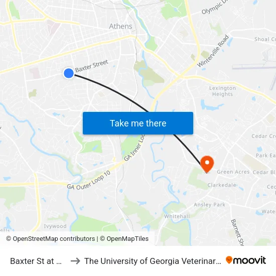 Baxter St at Paris St Ib to The University of Georgia Veterinary Teaching Hospital map