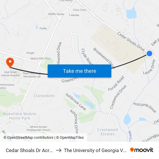 Cedar Shoals Dr Across From E Paces Dr to The University of Georgia Veterinary Teaching Hospital map