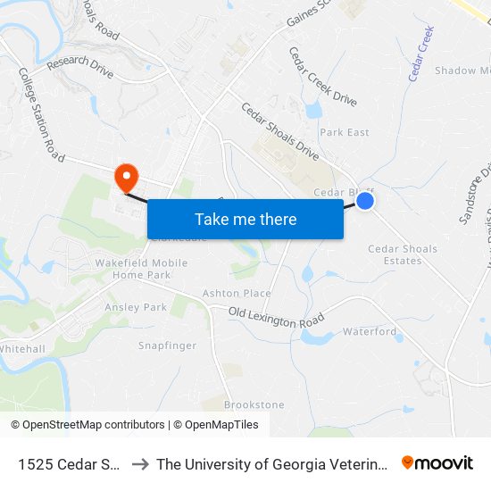 1525 Cedar Shoals Dr Ib to The University of Georgia Veterinary Teaching Hospital map