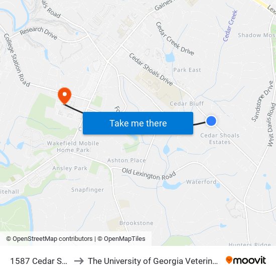 1587 Cedar Shoals Dr Ib to The University of Georgia Veterinary Teaching Hospital map