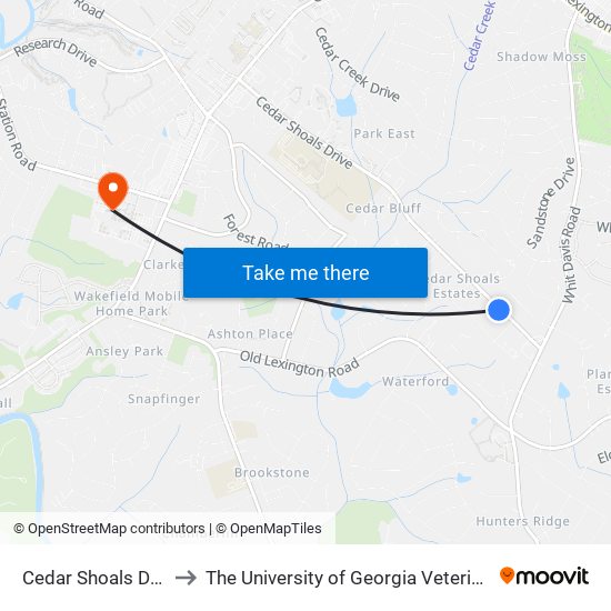 Cedar Shoals Dr at Alden Ct to The University of Georgia Veterinary Teaching Hospital map