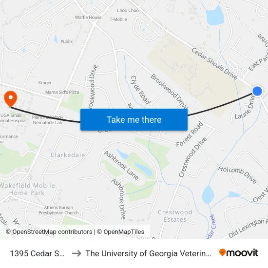 1395 Cedar Shoals Drive to The University of Georgia Veterinary Teaching Hospital map