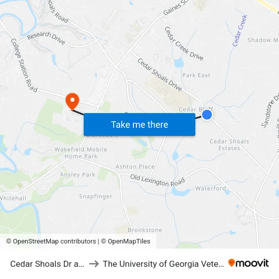 Cedar Shoals Dr at Crows Nest Ct to The University of Georgia Veterinary Teaching Hospital map