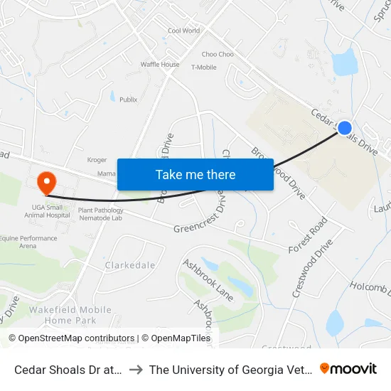 Cedar Shoals Dr at Spring Lake Dr Ib to The University of Georgia Veterinary Teaching Hospital map