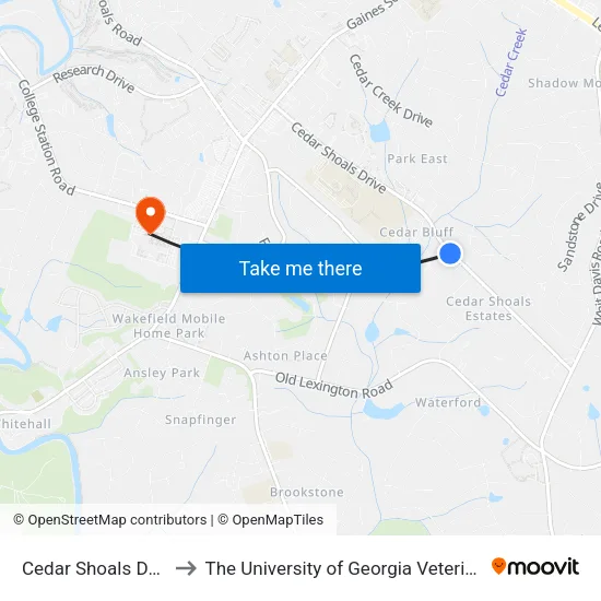 Cedar Shoals Dr at Studio Ct to The University of Georgia Veterinary Teaching Hospital map