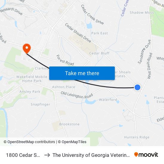 1800 Cedar Shoals Drive to The University of Georgia Veterinary Teaching Hospital map