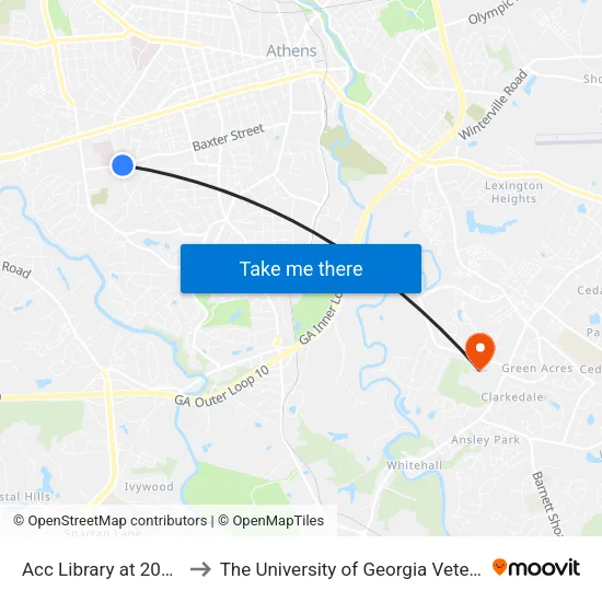Acc Library at 2025 Baxter Street to The University of Georgia Veterinary Teaching Hospital map