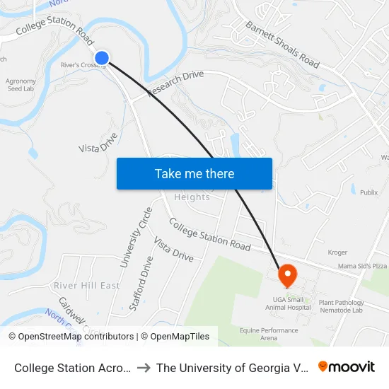 College Station Across Rivers Crossng Ib to The University of Georgia Veterinary Teaching Hospital map