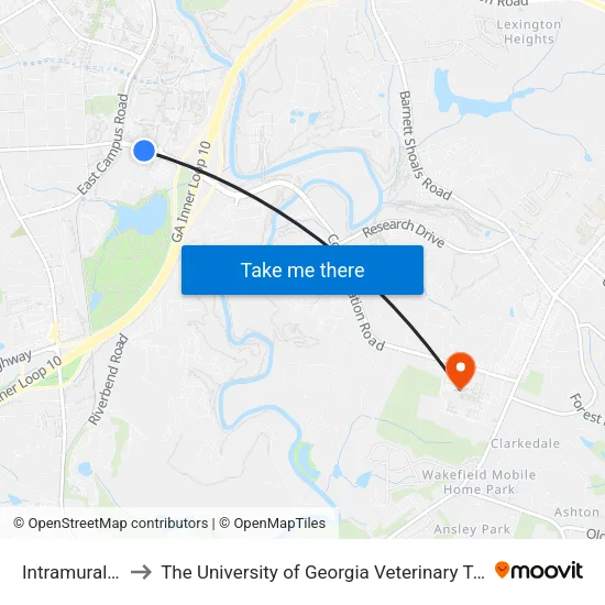 Intramural Fields to The University of Georgia Veterinary Teaching Hospital map