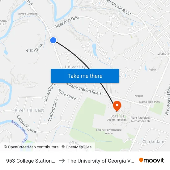 953 College Station at Poultry Research to The University of Georgia Veterinary Teaching Hospital map