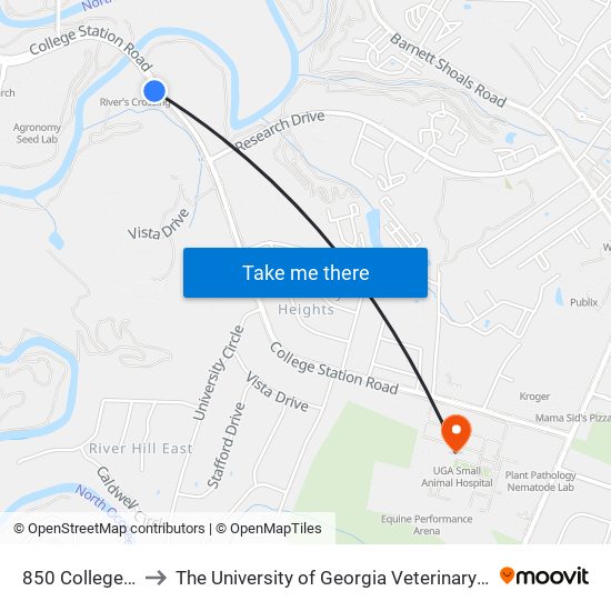 850 College Station to The University of Georgia Veterinary Teaching Hospital map