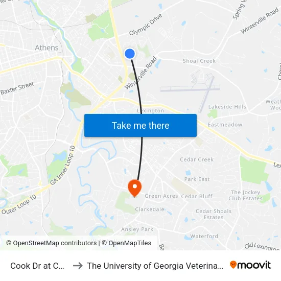 Cook Dr at Cook Cir Ob to The University of Georgia Veterinary Teaching Hospital map