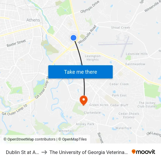 Dublin St at Arch St Ob to The University of Georgia Veterinary Teaching Hospital map