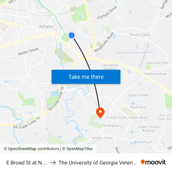 E Broad St at N Poplar St Ob to The University of Georgia Veterinary Teaching Hospital map