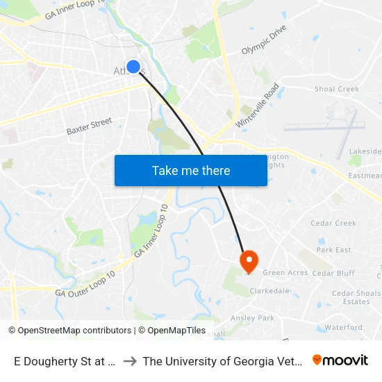 E Dougherty St at N Jackson St Ob to The University of Georgia Veterinary Teaching Hospital map