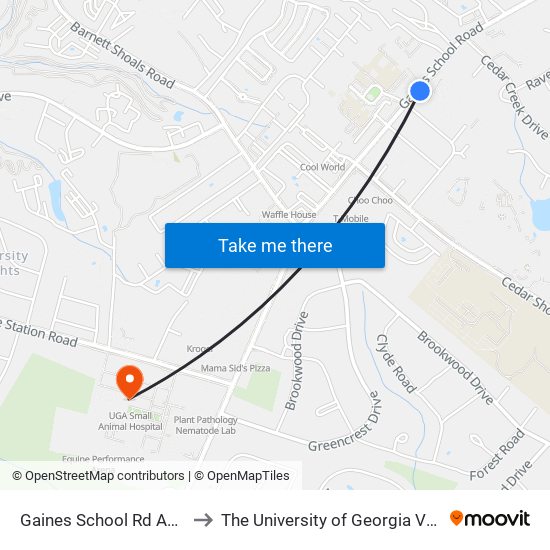 Gaines School Rd Across Hilsman Ms Ob to The University of Georgia Veterinary Teaching Hospital map