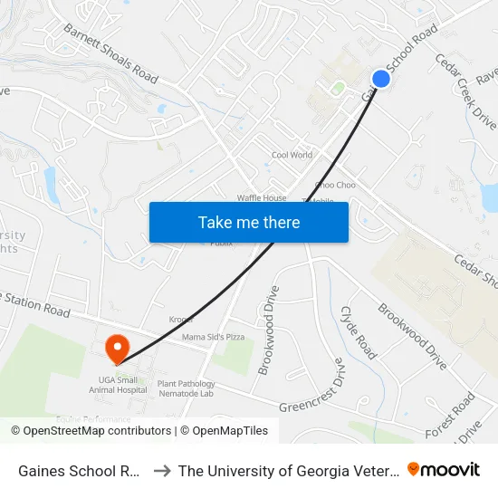 Gaines School Rd at Hilsman Ib to The University of Georgia Veterinary Teaching Hospital map